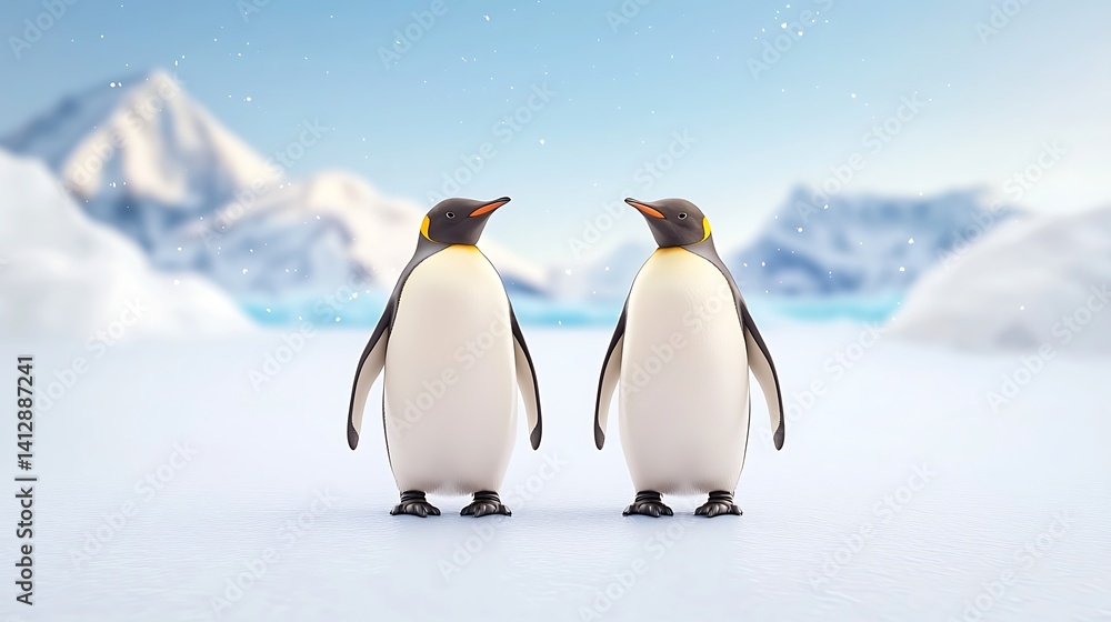 Obraz premium Two penguins stand together in a snowy landscape with mountains in the background