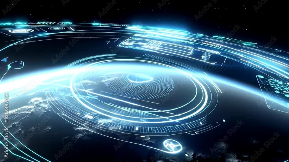 3D holographic interface rotating slowly in space, blue planet 3D holographic interface rotating slowly in space, blue planet