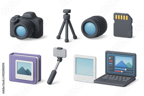 3D icon set of travel photography: DSLR camera, tripod, lens, SD card, photo album, selfie stick, polaroid frame, editing laptop. 3d icon. Isolated