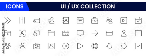 Vector illustration web line icon collection focused on UX/UI design, featuring wireframes, user flow, interface elements, cursor clicks, mobile layout, and usability symbols.