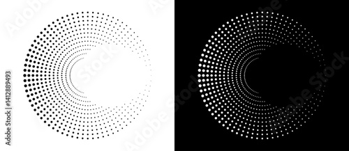Modern abstract background. Halftone dots in circle form. Round logo. Vector dotted frame. Design element or icon. Black shape on a white background and the same white shape on the black side.