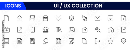 Vector illustration web line icon collection focused on UX/UI design, featuring wireframes, user flow, interface elements, cursor clicks, mobile layout, and usability symbols.