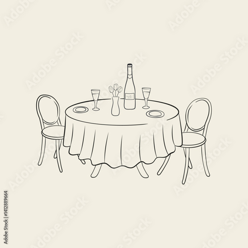 Hand-drawn dinner table with chairs. Design for wedding, birthday, or party. Vector illustration.