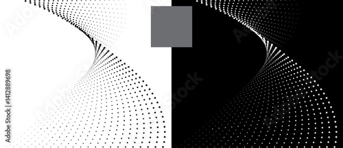 Modern abstract background. Halftone squares as design element. Black shape on a white background and the same white shape on the black side.