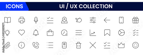Vector illustration web line icon collection focused on UX/UI design, featuring wireframes, user flow, interface elements, cursor clicks, mobile layout, and usability symbols.