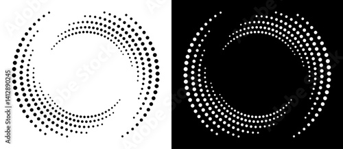 Circle abstract background with dynamic halftone dots in spiral. Yin and yang style. Black shape on a white background and the same white shape on the black side.