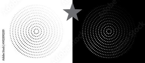 Abstract vector circle with halftone stars as logo or icon. Black shape on a white background and the same white shape on the black side.