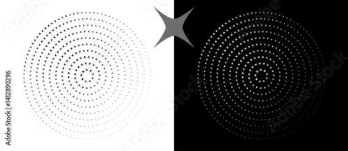 Abstract vector circle with halftone stars as logo or icon. Black shape on a white background and the same white shape on the black side.