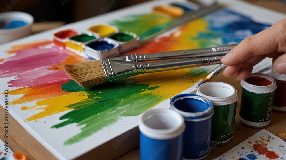 Artist painting vibrant watercolor rainbow, close-up Artist painting vibrant watercolor rainbow, close-up