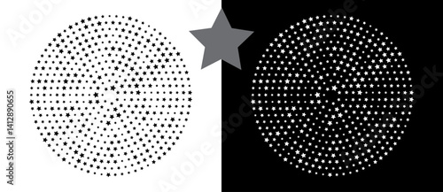 Abstract vector circle with halftone stars as logo or icon. Black shape on a white background and the same white shape on the black side.