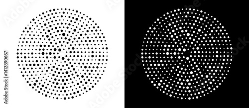 Modern abstract background. Halftone dots in circle form. Round logo. Vector dotted frame. Design element or icon. Black shape on a white background and the same white shape on the black side.
