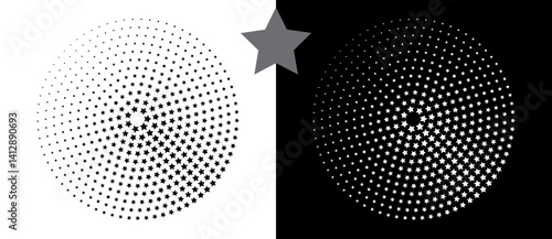 Abstract vector circle with halftone stars as logo or icon. Black shape on a white background and the same white shape on the black side.