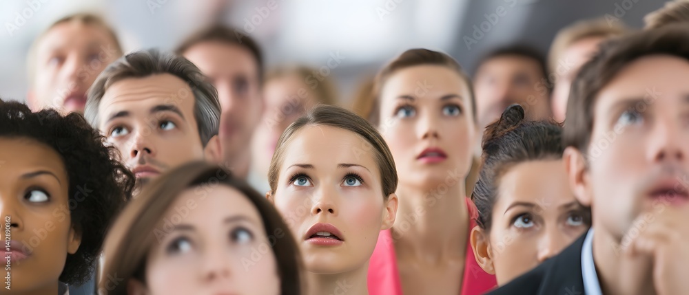 A diverse group of people looking upwards with expressions of surprise or interest. A diverse group of people looking upwards with expressions of surprise or interest.