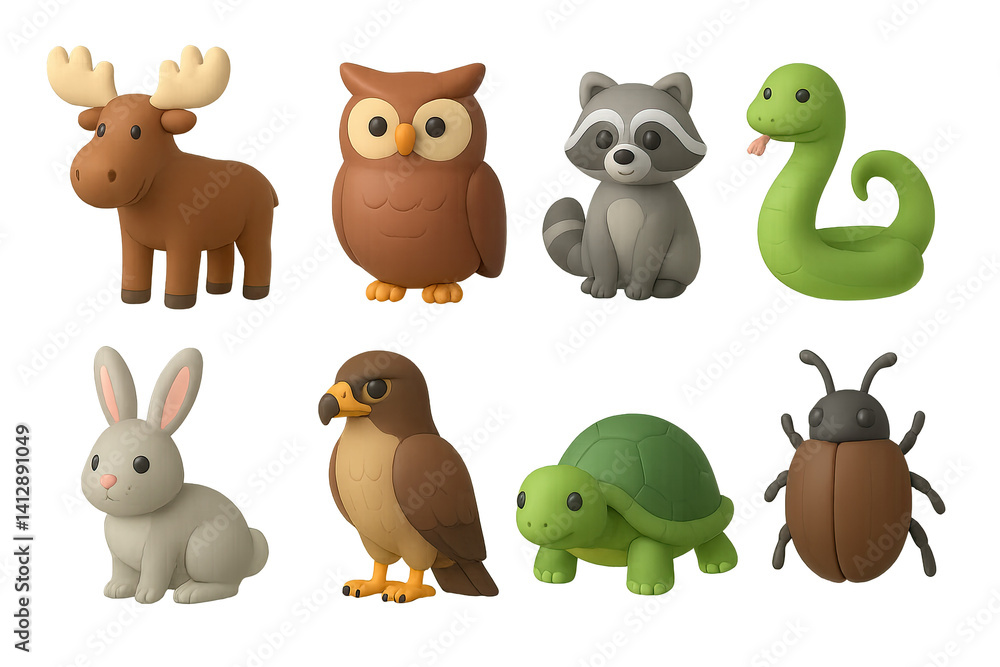 Naklejka premium 3D icon set of park fauna: moose, owl, raccoon, snake, rabbit, hawk, turtle, insect. 3d icon. Isolated