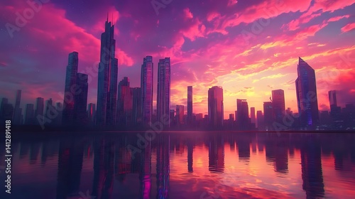 Sunset colors illuminate mirrored skyline across city river high resolution picture