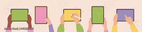 Hands holding tablets with empty screens. Set of vector illustration of people with drawing tablets in flat style. Leisure activities, communication concept. Design elements for web banner or sites.