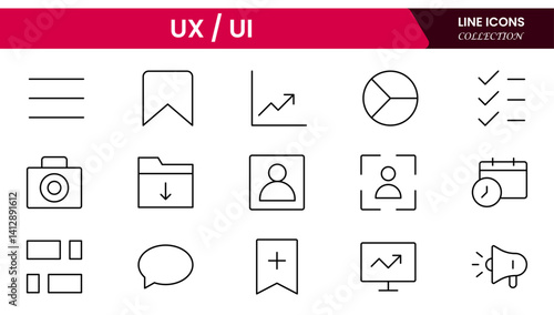 Vector illustration web line icon collection focused on UX/UI design, featuring wireframes, user flow, interface elements, cursor clicks, mobile layout, and usability symbols.