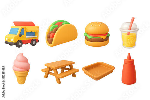 Obraz na płótnie 3D icon set of food festivals: food truck, taco, burger, lemonade, ice cream, picnic table, food tray, sauce bottle. 3d icon. Isolated w salonie