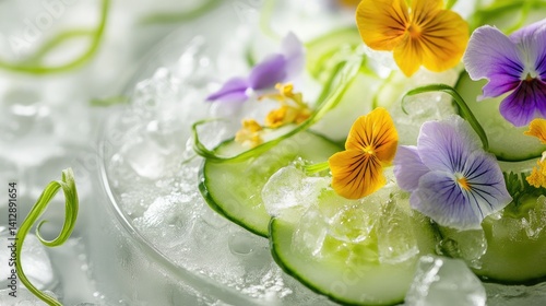 Wallpaper Mural Edible flowers and cucumber ribbons elegantly presented on ice in a translucent plate Torontodigital.ca