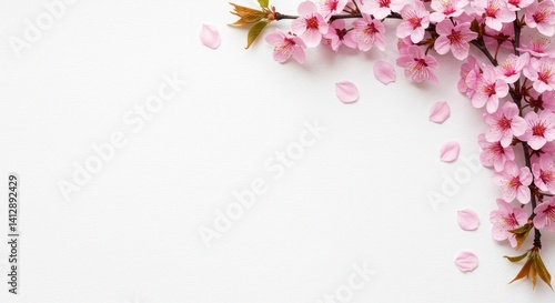 Elegant cherry blossom floral frame with soft pink flowers blooming from top corner on clean white background