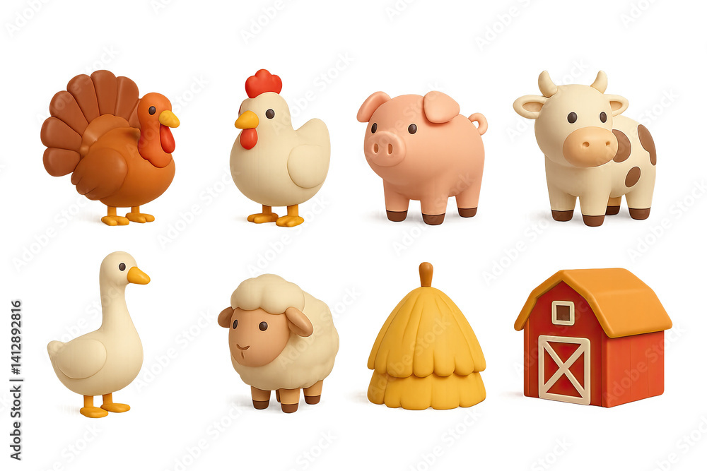 Naklejka premium 3D icon set of autumn farm animals: turkey, chicken, pig, cow, goose, sheep, haystack, barn. 3d icon. Isolated