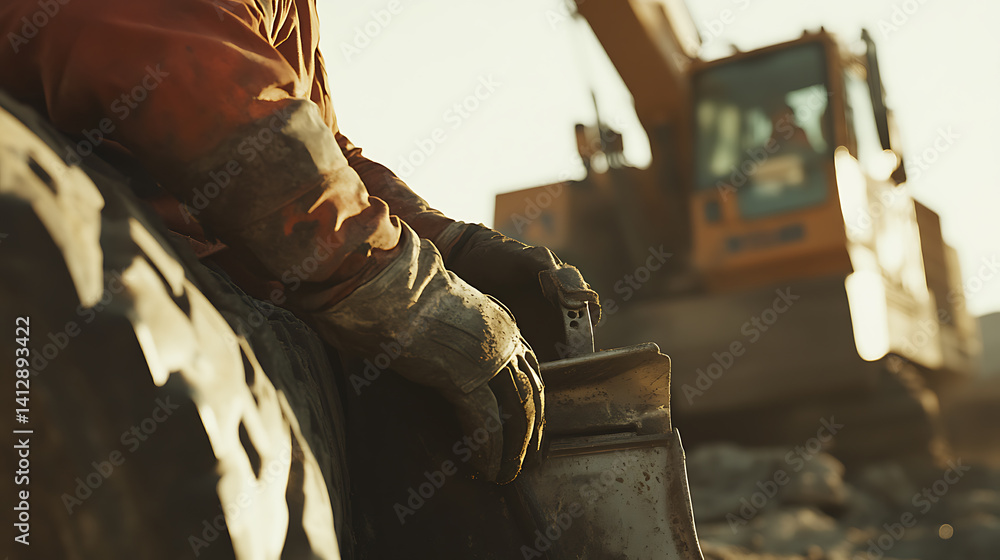 Fototapeta premium Heavy equipment operator adjusting the settings on a bulldozer at a mine. Featuring machinery operation and land clearing