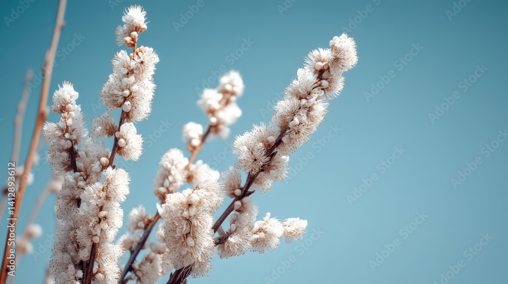 Soft White Flower Buds Against a Bright Blue Sky Background Soft White Flower Buds Against a Bright Blue Sky Background