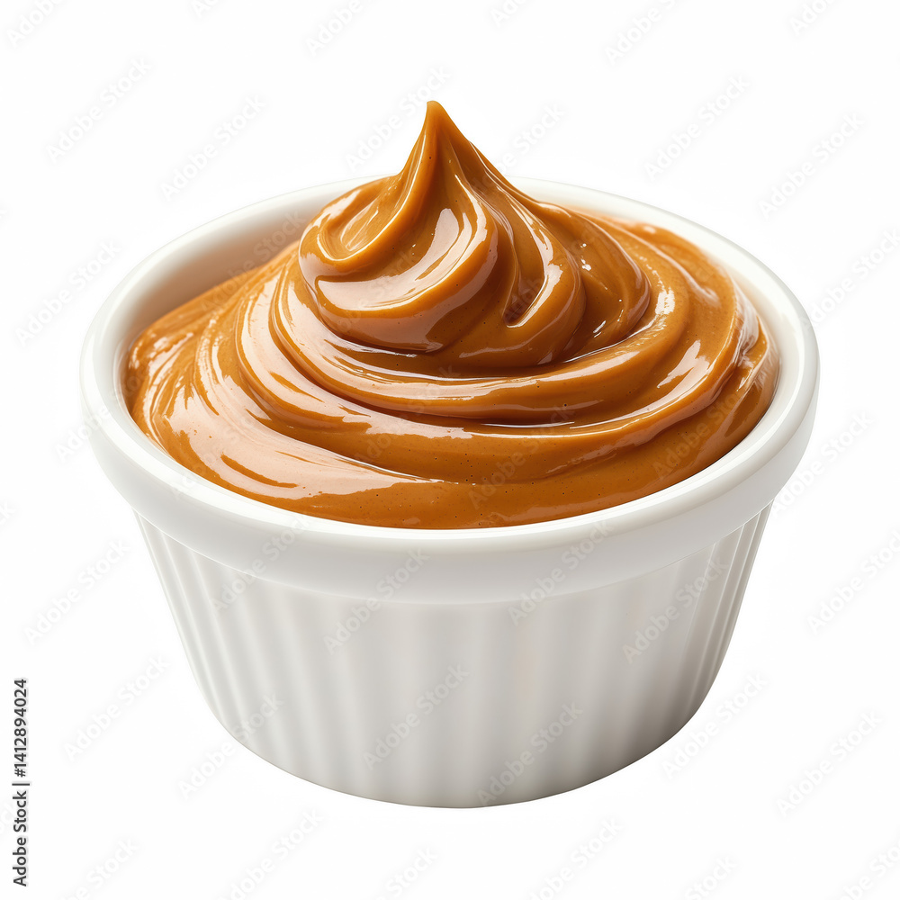 A smooth, creamy swirl of peanut butter with a rich golden-brown color, elegantly piped into a small white bowl, isolated on transparent background.