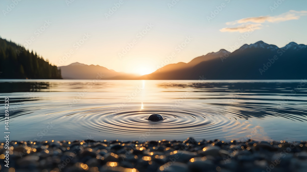 Sunrise Over Calm Lake With Ripples And Mountains
