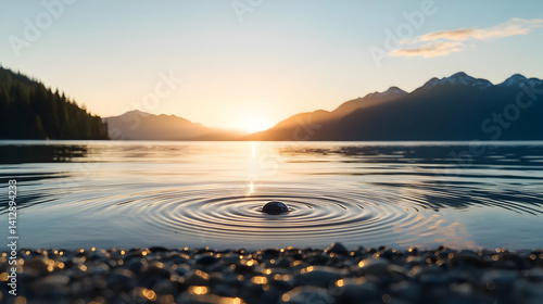 Obraz na płótnie Sunrise Over Calm Lake With Ripples And Mountains w salonie