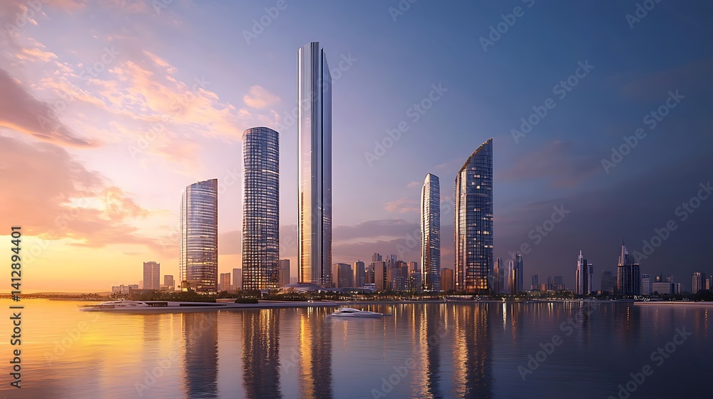 Obraz premium City skyline and sunset hues mirrored across calm waters high resolution picture
