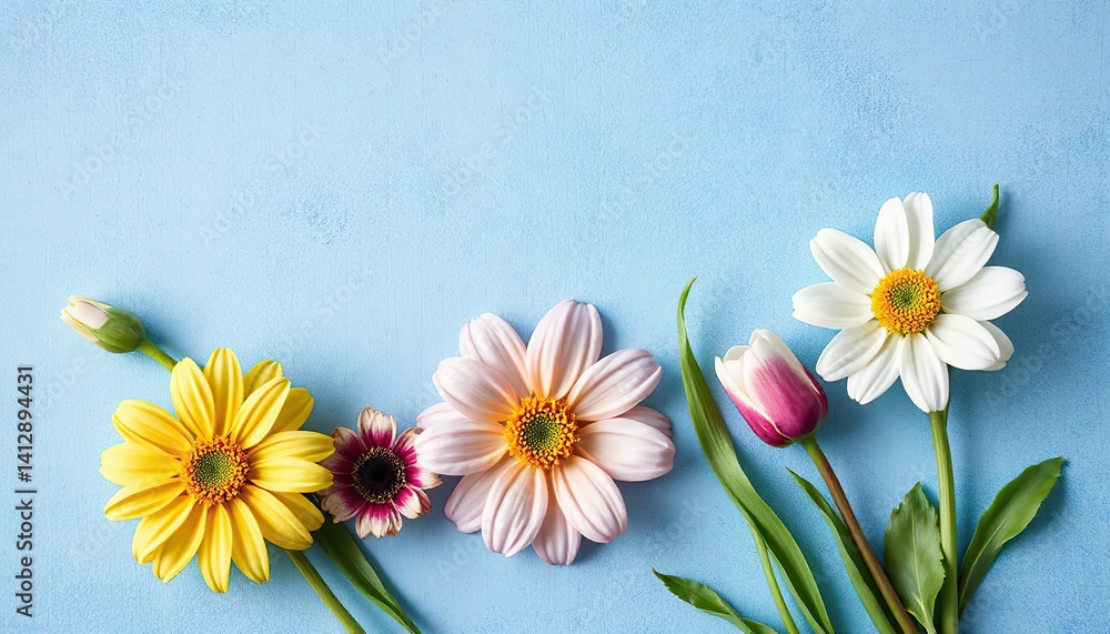 Obraz premium Blue background with spring flowers. Space for text