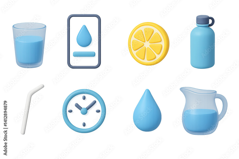 3D icon set of hydration habit: glass of water, hydration app, lemon slice, refillable bottle, straw, time reminder, water drop, jug. 3d icon. Isolated