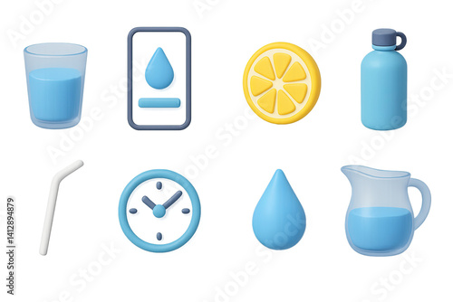 Obraz na płótnie 3D icon set of hydration habit: glass of water, hydration app, lemon slice, refillable bottle, straw, time reminder, water drop, jug. 3d icon. Isolated w salonie