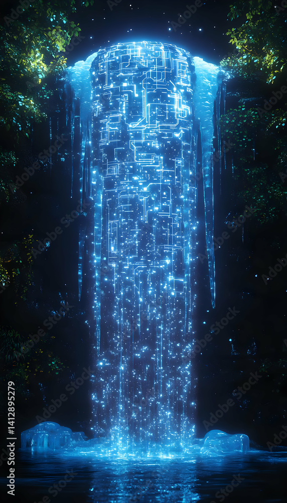 Glowing Pixel Waterfall In Dark Forest