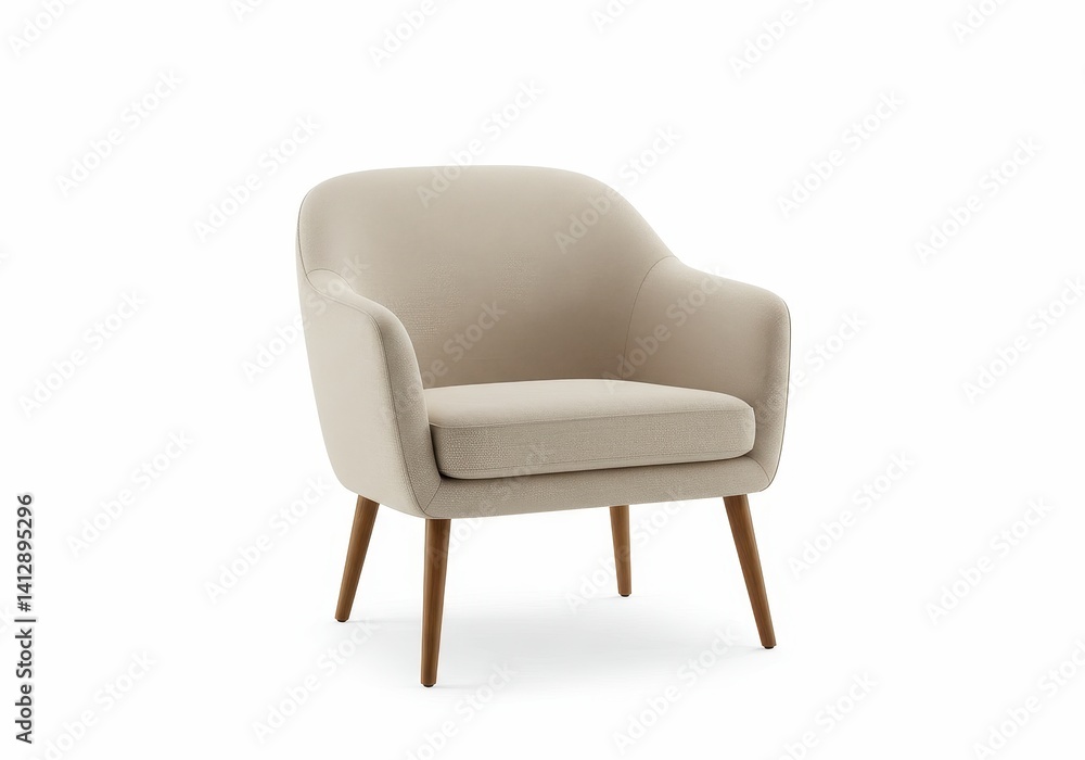 Modern beige upholstered armchair with wooden legs isolated on white background Modern beige upholstered armchair with wooden legs isolated on white background