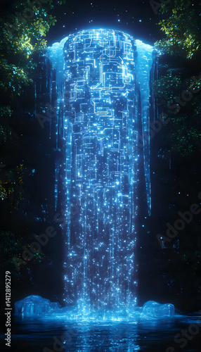 Obraz na płótnie Glowing Pixel Waterfall In Dark Forest w salonie