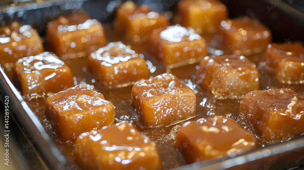 Baked Caramel Sweet Cubes In A Pan