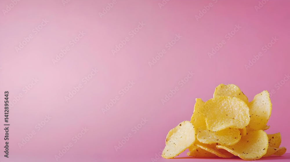 Pile Of Potato Chips Against Light Pink Background