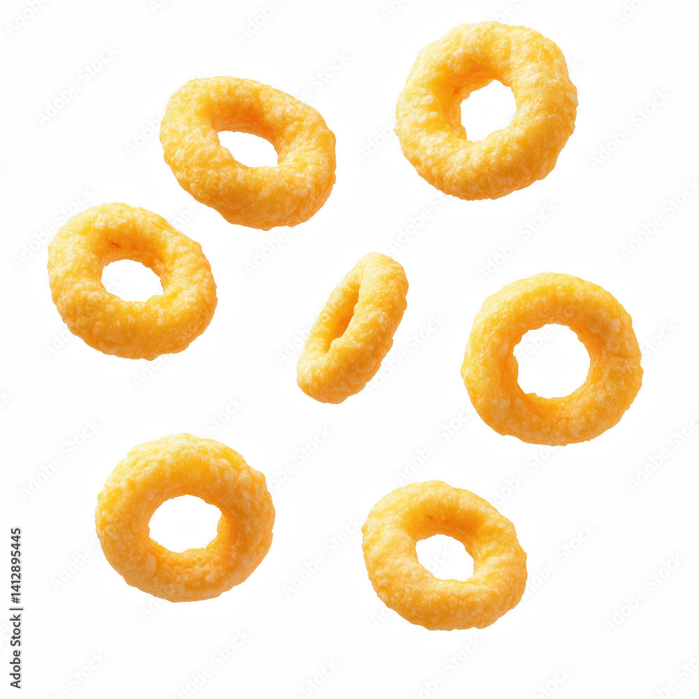 Multiple crunchy corn cereal rings, golden-yellow in color with a porous and slightly rough texture, floating mid-air, isolated on transparent background. Multiple crunchy corn cereal rings, golden-yellow in color with a porous and slightly rough texture, floating mid-air, isolated on transparent background.