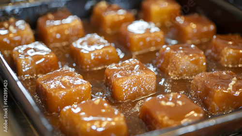 Obraz na płótnie Baked Caramel Sweet Cubes In A Pan w salonie