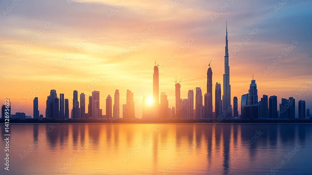 Skyline lights reflecting in sunset water create dreamy cityscape high resolution picture Skyline lights reflecting in sunset water create dreamy cityscape high resolution picture