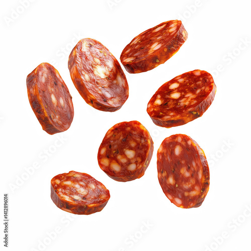 Multiple slices of Spanish chorizo sausage, deep red-orange in color with marbled fat and a slightly glossy surface, floating mid-air, isolated on transparent background.