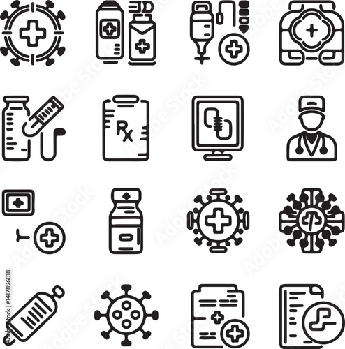 Medical icon set. Containing doctor, medicine, hospital, treatment, healthcare, nurse, pills, clinic and more. Solid vector icons collection. Healthcare thin line vector icon set