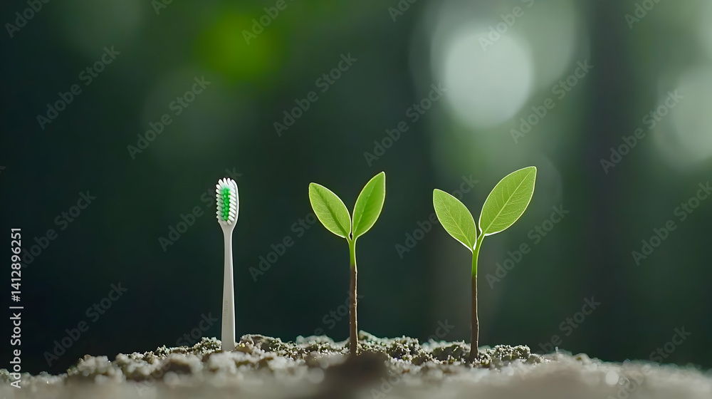Toothbrush and Growing Plants on Soil