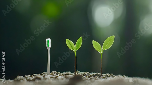 Toothbrush and Growing Plants on Soil