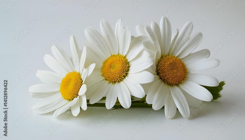 Obraz premium three delicate white daisies with vibrant yellow centers rest closely together on a softly lit, neutral background.
