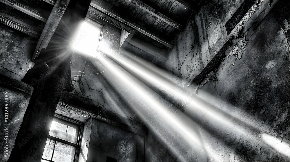 Dramatic Sunlight Rays Illuminating Abandoned Interior