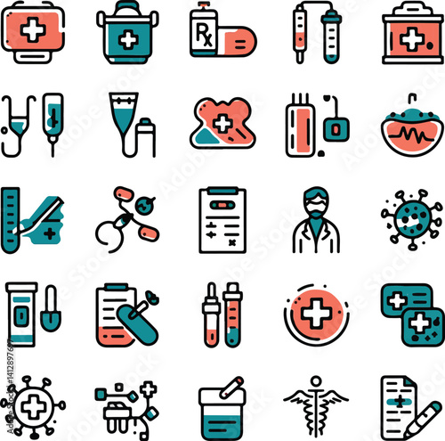 Medical icon set. Containing doctor, medicine, hospital, treatment, healthcare, nurse, pills, clinic and more. Solid vector icons collection. Healthcare thin line vector icon set