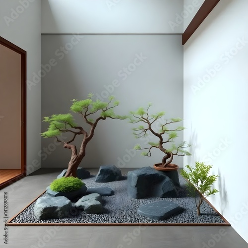 Japanese Minimalist Indoor Garden (Zen Garden)
A corner of the room with white gravel flooring, bonsai plants, and Zen-style stone statues. Shou sugi ban (charred texture) wood walls and warm ambient 